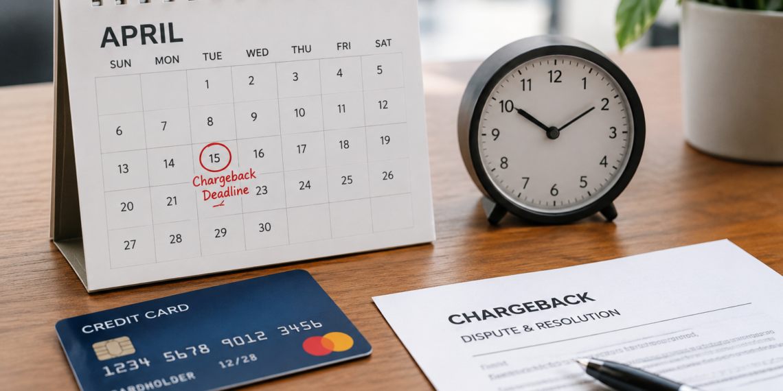 Stock photo of an April desk calendar with the 15th circled and labeled “Chargeback Deadline,” next to an analog clock, a credit card, and a “Chargeback Dispute & Resolution” document with a pen.