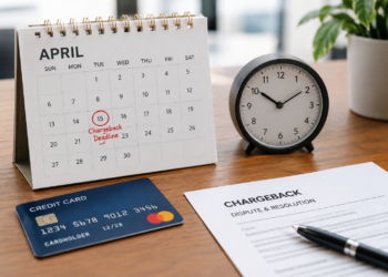 Stock photo of an April desk calendar with the 15th circled and labeled “Chargeback Deadline,” next to an analog clock, a credit card, and a “Chargeback Dispute & Resolution” document with a pen.