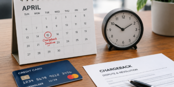 Stock photo of an April desk calendar with the 15th circled and labeled “Chargeback Deadline,” next to an analog clock, a credit card, and a “Chargeback Dispute & Resolution” document with a pen.