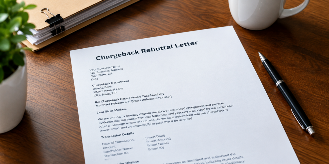 Stock photo of a printed “Chargeback Rebuttal Letter” template on a desk, with sections for transaction details and reason for dispute, beside a pen, coffee mug, plant, and a clipped stack of documents.