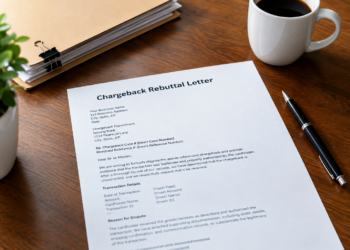 Stock photo of a printed “Chargeback Rebuttal Letter” template on a desk, with sections for transaction details and reason for dispute, beside a pen, coffee mug, plant, and a clipped stack of documents.