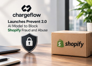 Chargeflow’s Prevent 2.0 AI fraud-prevention launch represented by the Chargeflow logo, a Shopify shipping box, and a security shield on a professional office desk.