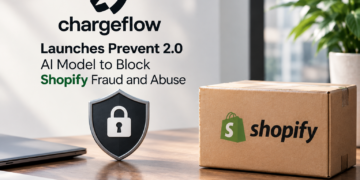 Chargeflow’s Prevent 2.0 AI fraud-prevention launch represented by the Chargeflow logo, a Shopify shipping box, and a security shield on a professional office desk.