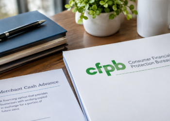 A professional office desk featuring a Consumer Financial Protection Bureau (CFPB) folder beside a document labeled “Merchant Cash Advance,” notebooks, a pen, and a potted plant, illustrating the CFPB’s reaffirmation that merchant cash advances remain excluded from Section 1071 small-business lending data reporting requirements.