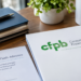 A professional office desk featuring a Consumer Financial Protection Bureau (CFPB) folder beside a document labeled “Merchant Cash Advance,” notebooks, a pen, and a potted plant, illustrating the CFPB’s reaffirmation that merchant cash advances remain excluded from Section 1071 small-business lending data reporting requirements.