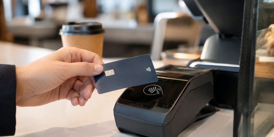 Stock photo of a hand tapping a contactless credit card against a payment terminal at a café counter, with a coffee cup and pastry display in the background.