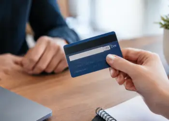 Close-up of a hand holding the back of a blue credit card with the three-digit Card Verification Value (CVV) printed beside the signature strip, held out across a wooden desk toward another person, with a laptop and spiral notebook in the foreground.