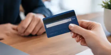 Close-up of a hand holding the back of a blue credit card with the three-digit Card Verification Value (CVV) printed beside the signature strip, held out across a wooden desk toward another person, with a laptop and spiral notebook in the foreground.