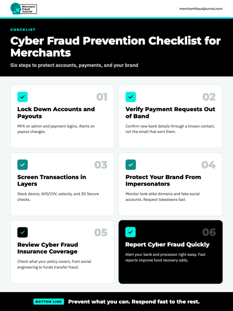 Merchant Fraud Journal checklist titled “Cyber Fraud Prevention Checklist for Merchants,” subtitled “Six steps to protect accounts, payments, and your brand,” with six numbered items: 1) Lock Down Accounts and Payouts — MFA on admin and payment logins, alerts on payout changes, 2) Verify Payment Requests Out of Band — confirm new bank details through a known contact, not the email that sent them, 3) Screen Transactions in Layers — stack device, AVS/CVV, velocity, and 3D Secure checks, 4) Protect Your Brand From Impersonators — monitor look-alike domains and fake social accounts, request takedowns fast, 5) Review Cyber Fraud Insurance Coverage — check what your policy covers, from social engineering to funds transfer fraud, 6) Report Cyber Fraud Quickly — alert your bank and processor right away. Bottom line: “Prevent what you can. Respond fast to the rest.