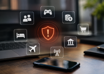Stock photo of a smartphone and laptop on a desk, surrounded by glowing icons (social, gaming, cryptocurrency, shopping cart, bank, hospitality, airline, wireless signal) radiating from a central red shield with an exclamation mark, symbolizing fraud risk across high-risk industries such as gaming, crypto, travel, and online retail.