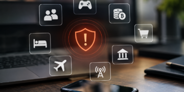 Stock photo of a smartphone and laptop on a desk, surrounded by glowing icons (social, gaming, cryptocurrency, shopping cart, bank, hospitality, airline, wireless signal) radiating from a central red shield with an exclamation mark, symbolizing fraud risk across high-risk industries such as gaming, crypto, travel, and online retail.