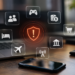 Stock photo of a smartphone and laptop on a desk, surrounded by glowing icons (social, gaming, cryptocurrency, shopping cart, bank, hospitality, airline, wireless signal) radiating from a central red shield with an exclamation mark, symbolizing fraud risk across high-risk industries such as gaming, crypto, travel, and online retail.