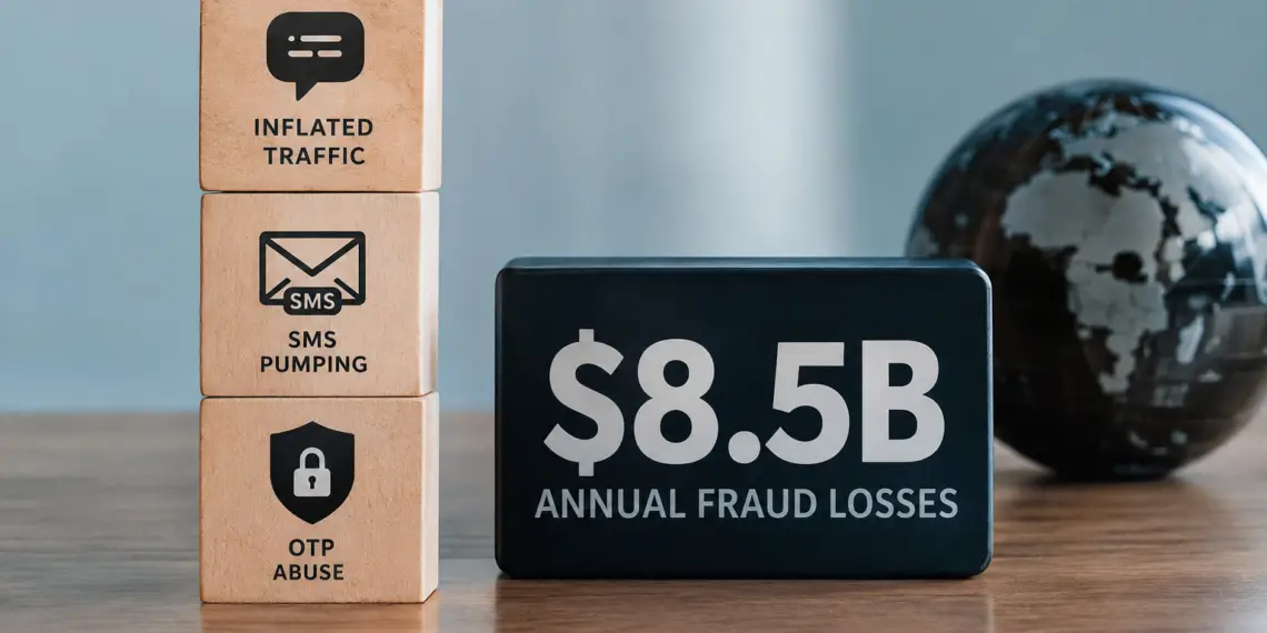 Stock photo of three stacked wooden blocks labeled “Inflated Traffic,” “SMS Pumping,” and “OTP Abuse” with matching icons, beside a dark block reading “$8.5B Annual Fraud Losses” and a small globe sculpture, illustrating SMS and OTP fraud statistics.