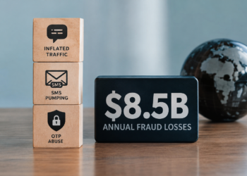 Stock photo of three stacked wooden blocks labeled “Inflated Traffic,” “SMS Pumping,” and “OTP Abuse” with matching icons, beside a dark block reading “$8.5B Annual Fraud Losses” and a small globe sculpture, illustrating SMS and OTP fraud statistics.