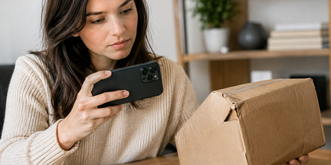 Stock photo of a woman holding a smartphone to photograph or scan an empty, damaged cardboard box at a table, illustrating documentation of a missing or damaged package delivery.