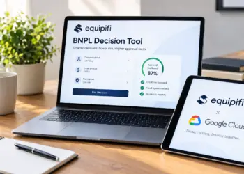 Stock photo of a laptop displaying the Equipifi “BNPL Decision Tool” interface with customer details, order amount, risk signals, and an 87% approval likelihood gauge, beside a tablet showing an “Equipifi x Google Cloud: Product testing. Smarter together” partnership slide.