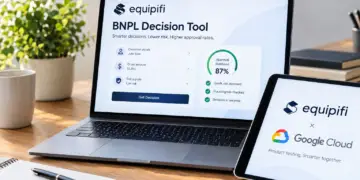 Stock photo of a laptop displaying the Equipifi “BNPL Decision Tool” interface with customer details, order amount, risk signals, and an 87% approval likelihood gauge, beside a tablet showing an “Equipifi x Google Cloud: Product testing. Smarter together” partnership slide.