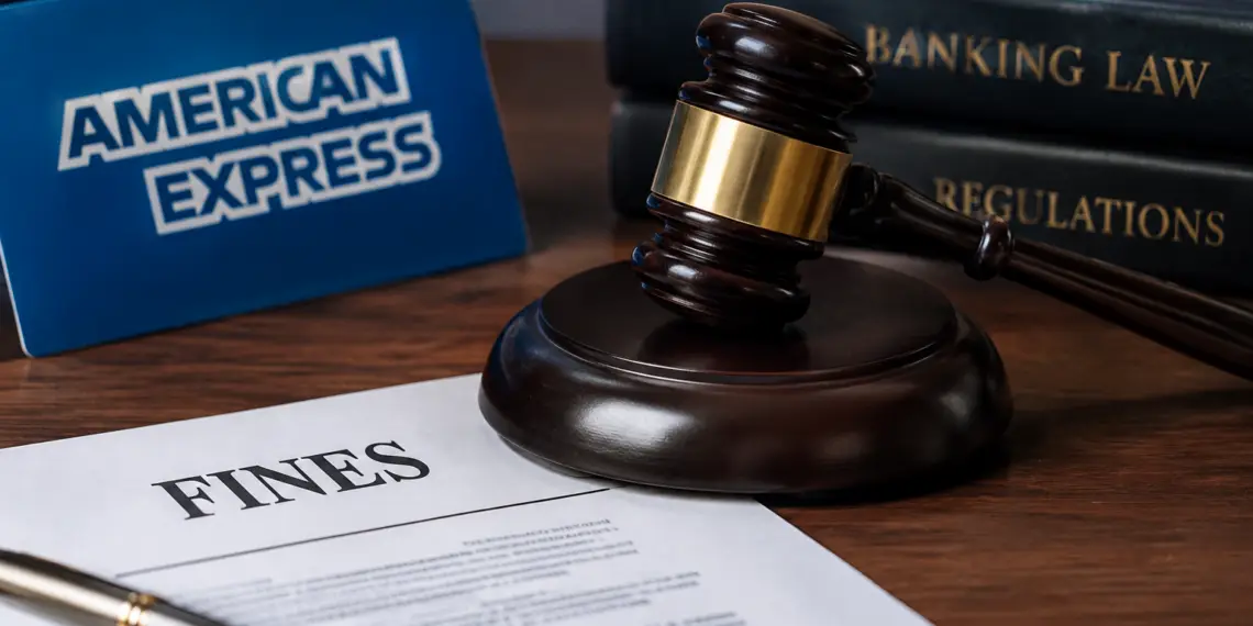 Stock photo of a judge’s gavel resting beside a document titled “Fines,” with an American Express sign and law books labeled “Banking Law” and “Regulations” in the background, illustrating regulatory fines or legal action against a financial company.