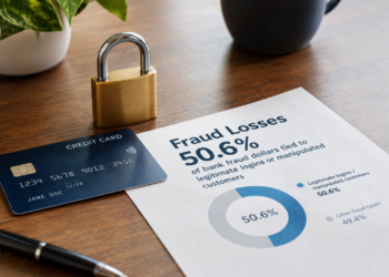 Stock photo of a credit card and brass padlock beside a printed report titled “Fraud Losses 50.6%,” with a donut chart showing that 50.6% of bank fraud dollars are tied to legitimate logins or manipulated customers, versus 49.4% from other fraud types, on a desk with a pen, plant, and mug.