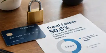 Stock photo of a credit card and brass padlock beside a printed report titled “Fraud Losses 50.6%,” with a donut chart showing that 50.6% of bank fraud dollars are tied to legitimate logins or manipulated customers, versus 49.4% from other fraud types, on a desk with a pen, plant, and mug.