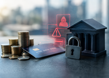 Stock photo of stacked coins, a credit card, a padlock, and a miniature bank building on a dark surface, with red holographic icons of a hooded figure, a warning triangle, and a credit card overlaid, symbolizing financial fraud and cybersecurity threats to banking.