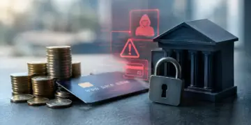 Stock photo of stacked coins, a credit card, a padlock, and a miniature bank building on a dark surface, with red holographic icons of a hooded figure, a warning triangle, and a credit card overlaid, symbolizing financial fraud and cybersecurity threats to banking.