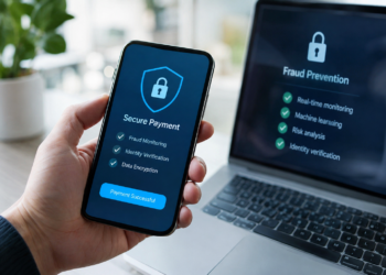 A hand holds a smartphone showing a "Secure Payment" screen with a shield-and-padlock icon, checkmarks next to Fraud Monitoring, Identity Verification, and Data Encryption, and a blue "Payment Successful" button. Behind it, a laptop screen reads "Fraud Prevention" with checked items for real-time monitoring, machine learning, risk analysis, and identity verification.