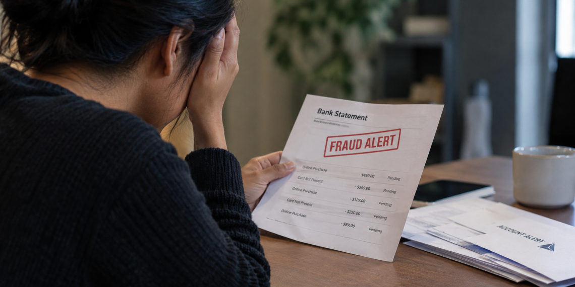 Stock photo of a distressed woman holding her head while reading a bank statement marked “Fraud Alert,” listing several pending online and card-not-present charges, with additional mail and an “Account Alert” envelope on the desk beside her.
