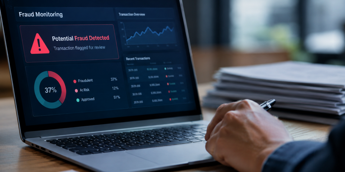 Stock photo of a laptop displaying a "Fraud Monitoring" dashboard with a "Potential Fraud Detected" alert, a transaction overview chart, a donut chart showing 37% fraudulent, 12% at risk, and 51% approved, and a recent transactions list, with a person's hand holding a pen beside a stack of papers.