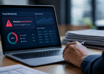 Stock photo of a laptop displaying a "Fraud Monitoring" dashboard with a "Potential Fraud Detected" alert, a transaction overview chart, a donut chart showing 37% fraudulent, 12% at risk, and 51% approved, and a recent transactions list, with a person's hand holding a pen beside a stack of papers.