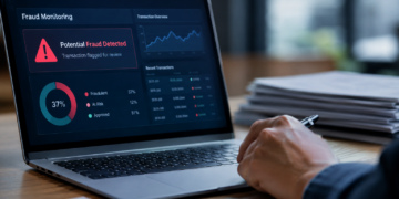 Stock photo of a laptop displaying a "Fraud Monitoring" dashboard with a "Potential Fraud Detected" alert, a transaction overview chart, a donut chart showing 37% fraudulent, 12% at risk, and 51% approved, and a recent transactions list, with a person's hand holding a pen beside a stack of papers.