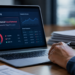 Stock photo of a laptop displaying a "Fraud Monitoring" dashboard with a "Potential Fraud Detected" alert, a transaction overview chart, a donut chart showing 37% fraudulent, 12% at risk, and 51% approved, and a recent transactions list, with a person's hand holding a pen beside a stack of papers.