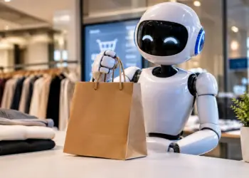 Stock photo of a white humanoid robot with glowing blue eyes holding a brown paper shopping bag on a counter inside a clothing store, with a shopping cart icon displayed on a screen in the background, illustrating AI-assisted retail shopping.