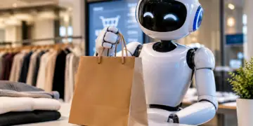 Stock photo of a white humanoid robot with glowing blue eyes holding a brown paper shopping bag on a counter inside a clothing store, with a shopping cart icon displayed on a screen in the background, illustrating AI-assisted retail shopping.