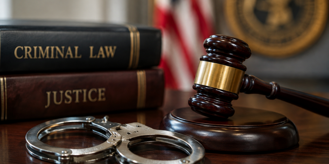 Stock photo of a judge’s gavel and handcuffs on a wooden desk beside books titled “Criminal Law” and “Justice,” with an American flag and an official seal in the background.