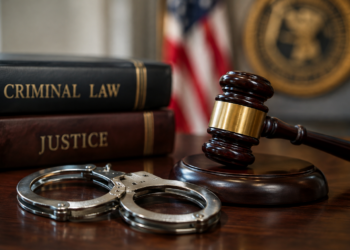 Stock photo of a judge’s gavel and handcuffs on a wooden desk beside books titled “Criminal Law” and “Justice,” with an American flag and an official seal in the background.