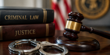Stock photo of a judge’s gavel and handcuffs on a wooden desk beside books titled “Criminal Law” and “Justice,” with an American flag and an official seal in the background.