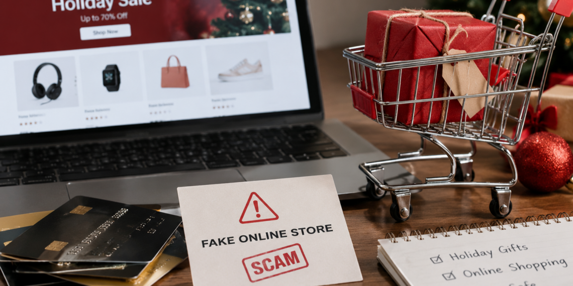 Stock photo of a laptop displaying a “Holiday Sale” shopping website beside a small shopping cart with wrapped gifts, credit cards, a notepad listing “Holiday Gifts, Online Shopping, Stay Safe,” and a warning card reading “Fake Online Store — SCAM,” illustrating holiday online shopping fraud risks.