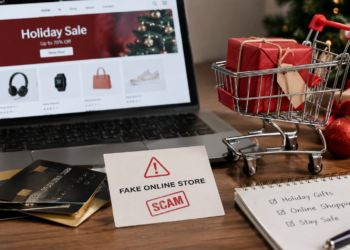 Stock photo of a laptop displaying a “Holiday Sale” shopping website beside a small shopping cart with wrapped gifts, credit cards, a notepad listing “Holiday Gifts, Online Shopping, Stay Safe,” and a warning card reading “Fake Online Store — SCAM,” illustrating holiday online shopping fraud risks.