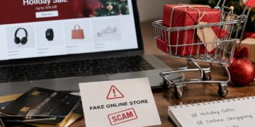 Stock photo of a laptop displaying a “Holiday Sale” shopping website beside a small shopping cart with wrapped gifts, credit cards, a notepad listing “Holiday Gifts, Online Shopping, Stay Safe,” and a warning card reading “Fake Online Store — SCAM,” illustrating holiday online shopping fraud risks.