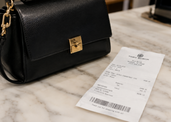 Stock photo of a black leather handbag with a gold clasp beside a Tory Burch store receipt showing the purchase of a “Perry Small Triple-Compartment Tote” for $498.00, with tax bringing the total to $539.12, paid by Mastercard.