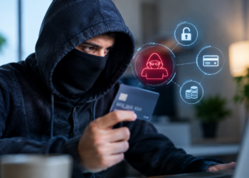 Stock photo of a person wearing a dark hoodie and face mask holding a credit card while working on a laptop, with digital icons of a hacker, an unlocked padlock, a credit card, and stacked coins overlaid beside them, symbolizing card fraud or identity theft.