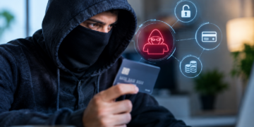 Stock photo of a person wearing a dark hoodie and face mask holding a credit card while working on a laptop, with digital icons of a hacker, an unlocked padlock, a credit card, and stacked coins overlaid beside them, symbolizing card fraud or identity theft.