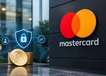 Stock photo of gold coins stamped with a dollar sign beside a digital security shield icon with a padlock, displayed near a large Mastercard logo on a dark wall, symbolizing secure digital payments.