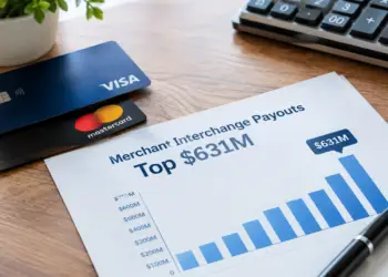 Visa and Mastercard payment cards rest on a wooden desk beside a financial report featuring a rising blue bar chart and a highlighted $631 million figure, illustrating merchant interchange payouts.