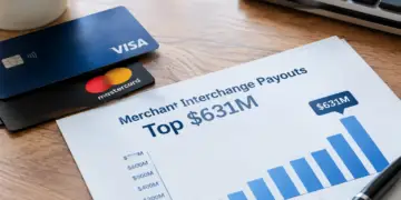 Visa and Mastercard payment cards rest on a wooden desk beside a financial report featuring a rising blue bar chart and a highlighted $631 million figure, illustrating merchant interchange payouts.