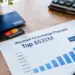 Visa and Mastercard payment cards rest on a wooden desk beside a financial report featuring a rising blue bar chart and a highlighted $631 million figure, illustrating merchant interchange payouts.