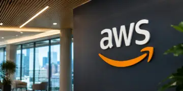 Stock photo of the AWS logo displayed in 3D lettering on a dark wall inside a modern office lobby, with a city skyline visible through floor-to-ceiling windows and seating in the background.