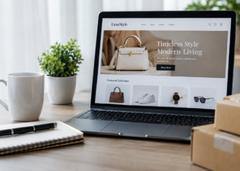 Stock photo of a laptop displaying the “LuxeStyle” fashion e-commerce website with a “Timeless Style, Modern Living” banner and a featured collection of handbags, sneakers, a watch, and sunglasses, on a desk with a coffee mug, plant, notebook, pen, and shipping boxes.