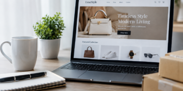 Stock photo of a laptop displaying the “LuxeStyle” fashion e-commerce website with a “Timeless Style, Modern Living” banner and a featured collection of handbags, sneakers, a watch, and sunglasses, on a desk with a coffee mug, plant, notebook, pen, and shipping boxes.